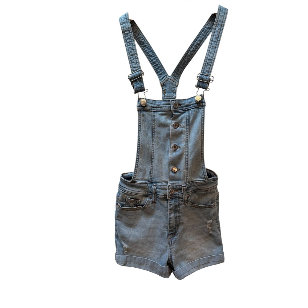 Guess Denim Overalls Women 24 Light Blue Distressed Button Front Shortalls